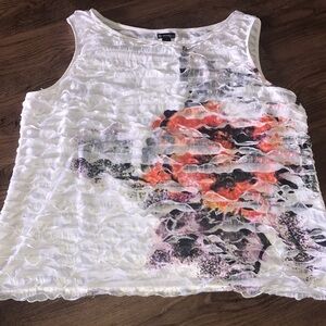 2X Sleeveless White Ruffled Floral Tank Top - Orange Floral plus size XXL